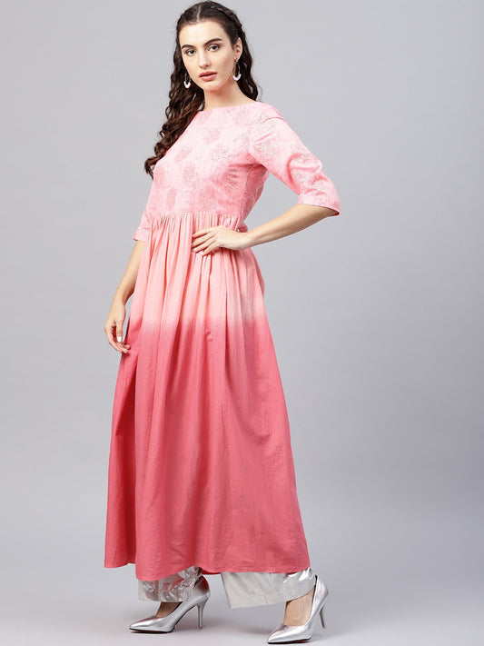 Pink Ombre Maxi Kurta With Round Neck  And 3/4 Sleeves | LASVINI - Redefining Indian Fashion with Elegance