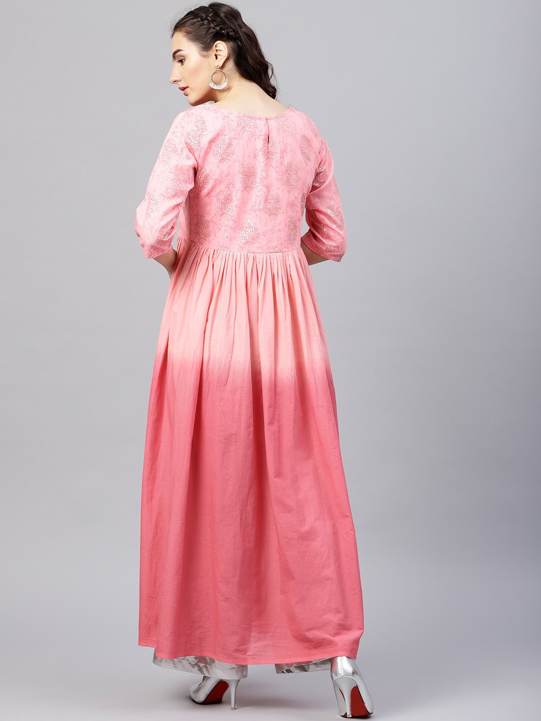 Pink Ombre Maxi Kurta With Round Neck  And 3/4 Sleeves | LASVINI - Redefining Indian Fashion with Elegance