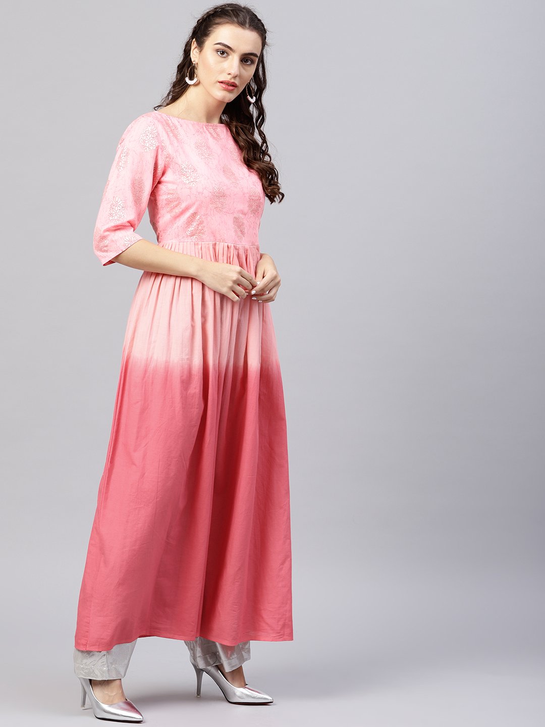 Pink Ombre Maxi Kurta With Round Neck  And 3/4 Sleeves | LASVINI - Redefining Indian Fashion with Elegance