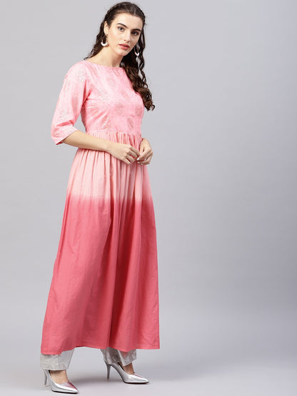 Pink Ombre Maxi Kurta With Round Neck  And 3/4 Sleeves | LASVINI - Redefining Indian Fashion with Elegance