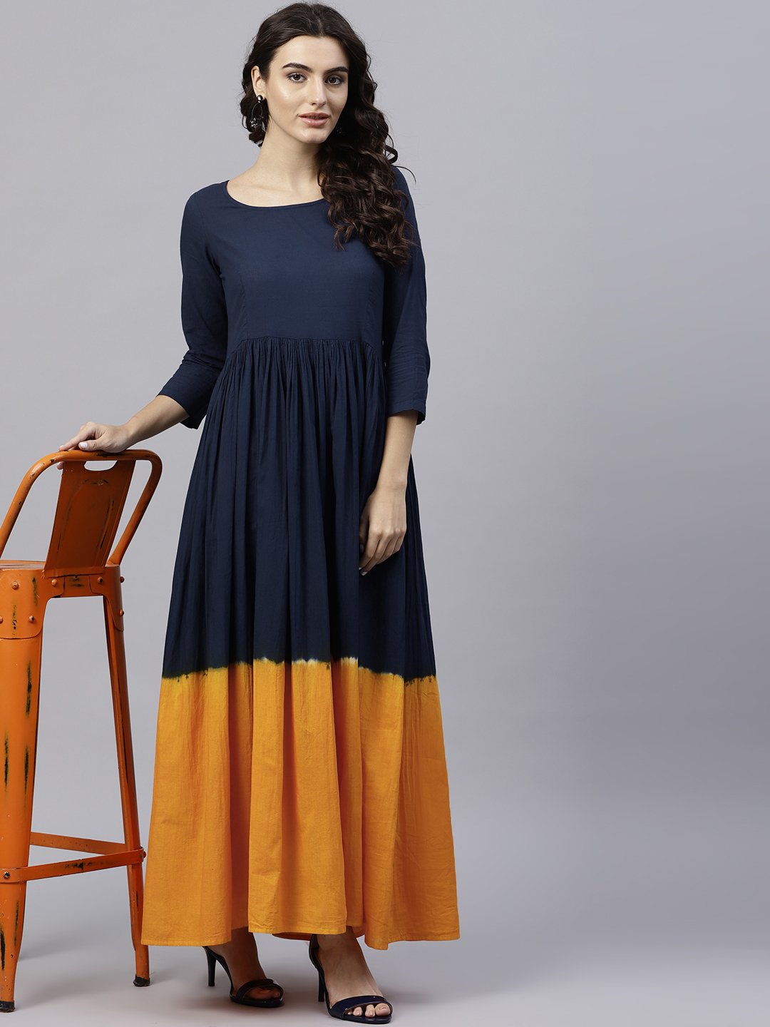 Navy Blue And Orange Ombre Dyed Maxi Dress With Round Neck And 3/4 Sleeves | LASVINI - Redefining Indian Fashion with Elegance
