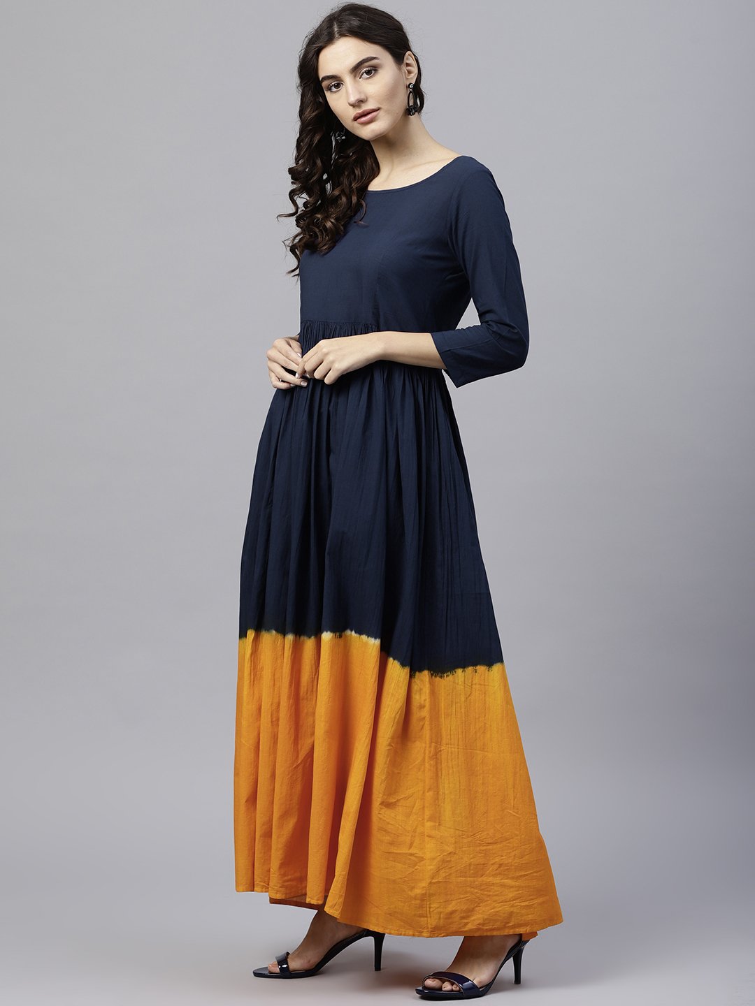 Navy Blue And Orange Ombre Dyed Maxi Dress With Round Neck And 3/4 Sleeves | LASVINI - Redefining Indian Fashion with Elegance