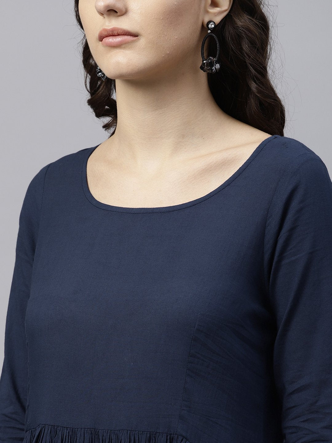 Navy Blue And Orange Ombre Dyed Maxi Dress With Round Neck And 3/4 Sleeves | LASVINI - Redefining Indian Fashion with Elegance