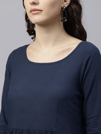 Navy Blue And Orange Ombre Dyed Maxi Dress With Round Neck And 3/4 Sleeves | LASVINI - Redefining Indian Fashion with Elegance