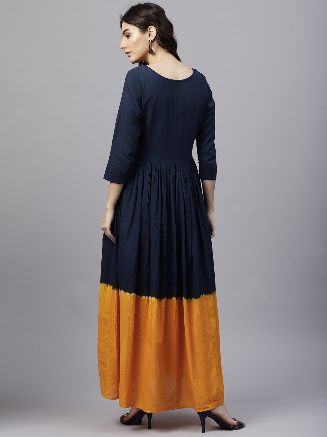 Navy Blue And Orange Ombre Dyed Maxi Dress With Round Neck And 3/4 Sleeves | LASVINI - Redefining Indian Fashion with Elegance