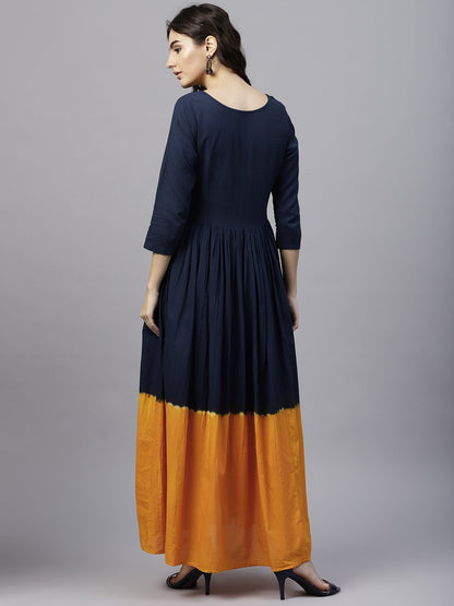 Navy Blue And Orange Ombre Dyed Maxi Dress With Round Neck And 3/4 Sleeves | LASVINI - Redefining Indian Fashion with Elegance