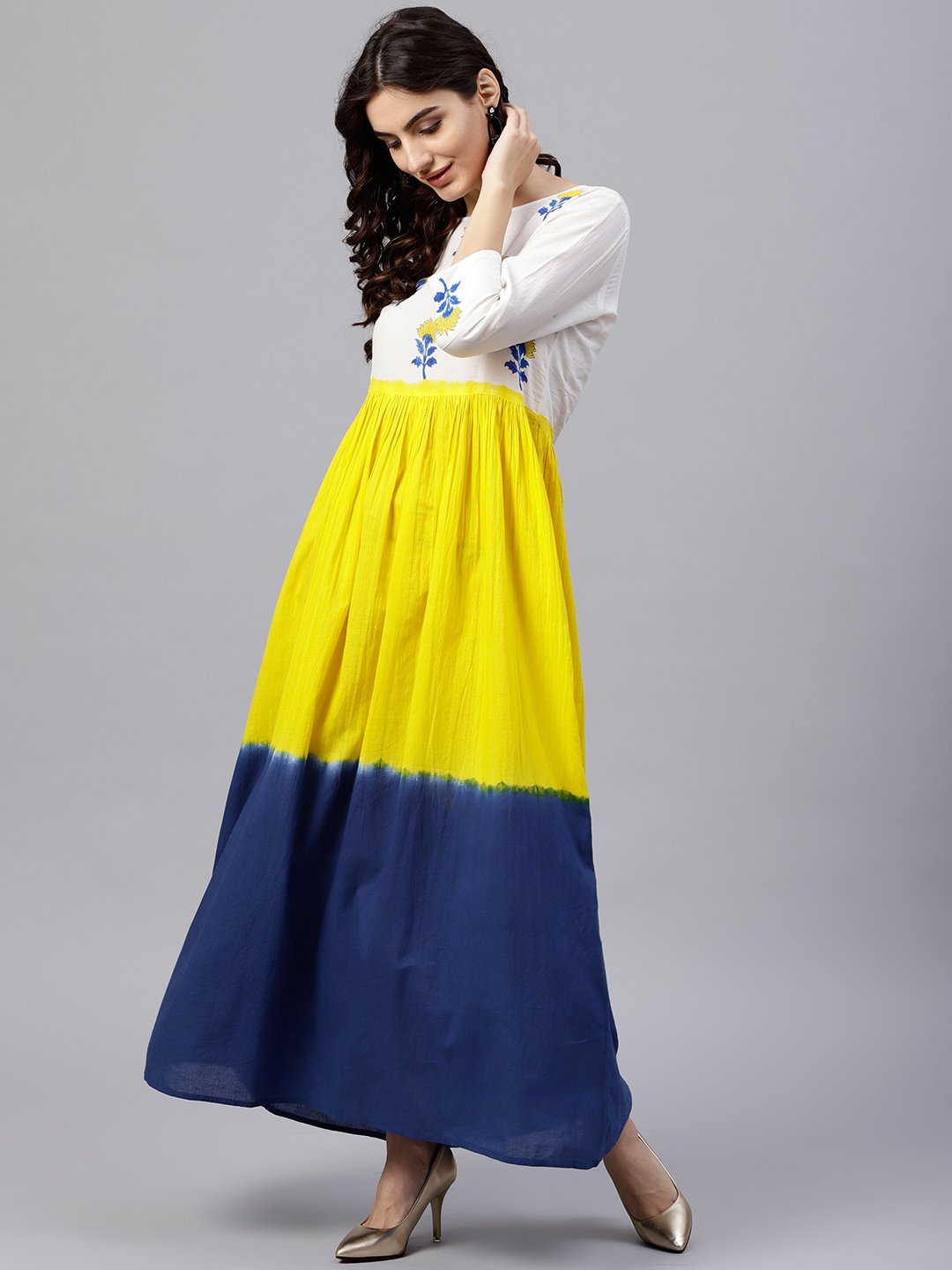 Multi Colored Ombre Dyed Maxi Dress With Round Neck And 3/4 Sleeves | LASVINI - Redefining Indian Fashion with Elegance