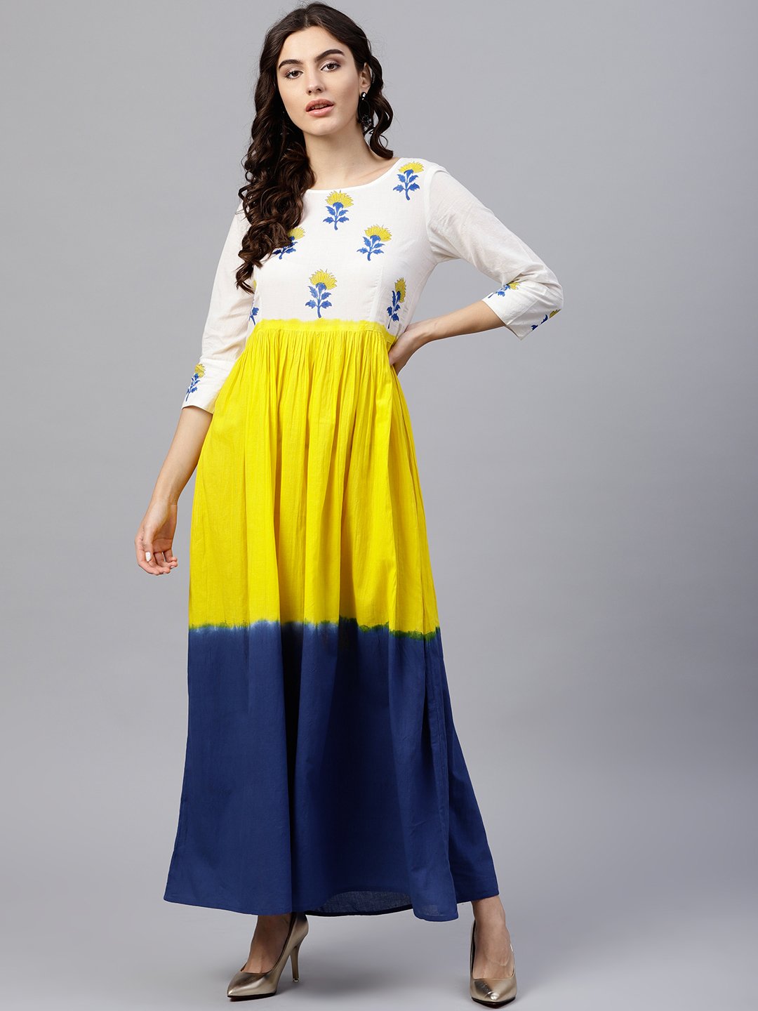 Multi Colored Ombre Dyed Maxi Dress With Round Neck And 3/4 Sleeves | LASVINI - Redefining Indian Fashion with Elegance