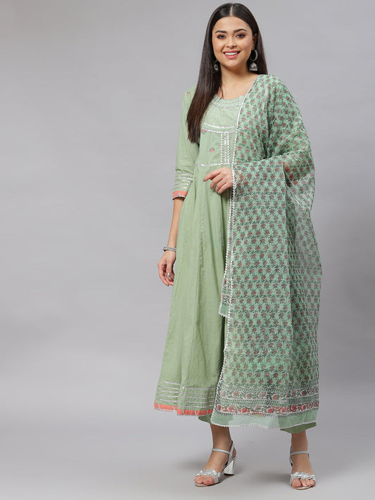 Women Solid Green Anarkali Kurta Pant Set With Kota Doria Dupatta | LASVINI - Redefining Indian Fashion with Elegance