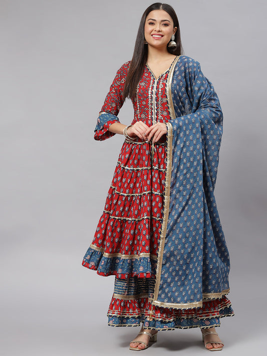 Women Maroon & Blue Anarkali Kurta Sharara Set With Dupatta | LASVINI - Redefining Indian Fashion with Elegance