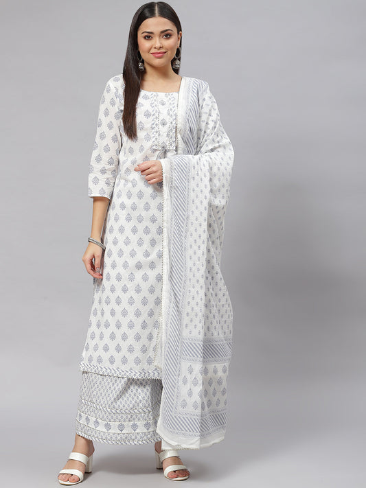 Women White Floral Straight Kurta Palazoo Set With Dupatta | LASVINI - Redefining Indian Fashion with Elegance