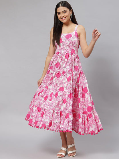 White & Pink Floral Shoulder Strip Long Dress | LASVINI - Redefining Indian Fashion with Elegance