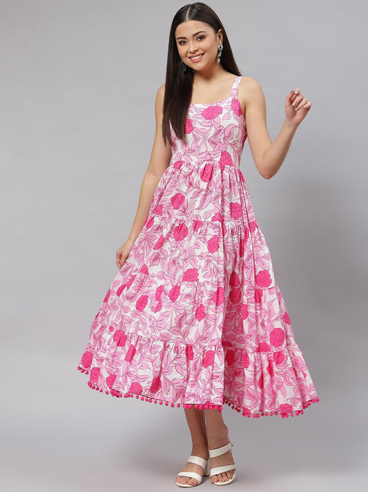White & Pink Floral Shoulder Strip Long Dress | LASVINI - Redefining Indian Fashion with Elegance