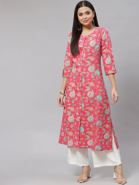 Pink Floral Cotton Flex A-Line Kurta | LASVINI - Redefining Indian Fashion with Elegance