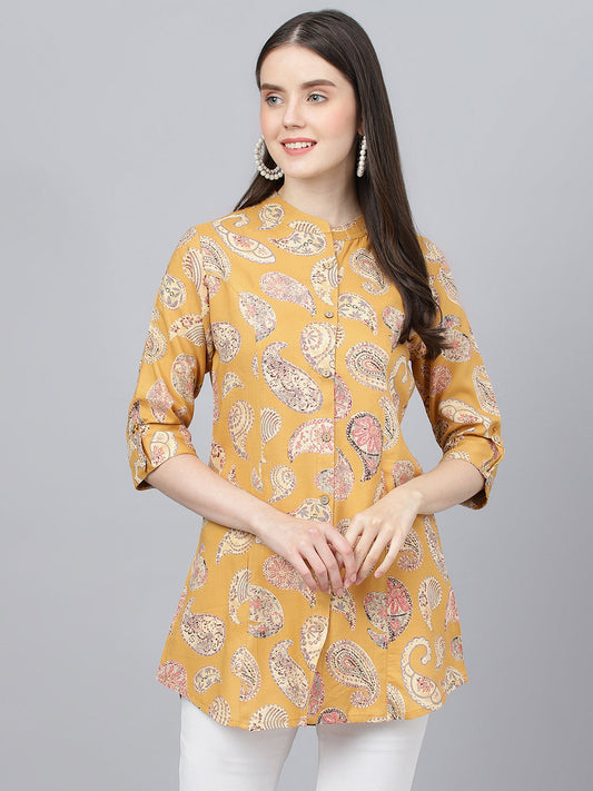 Mustard Yellow Print Mandarin Collar Roll-Up Sleeves Shirt Style Top | LASVINI - Redefining Indian Fashion with Elegance
