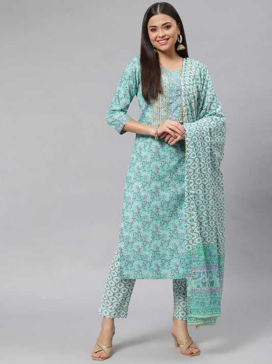 Seagreen Cotton Kurta Pant Set With Dupatta | LASVINI - Redefining Indian Fashion with Elegance