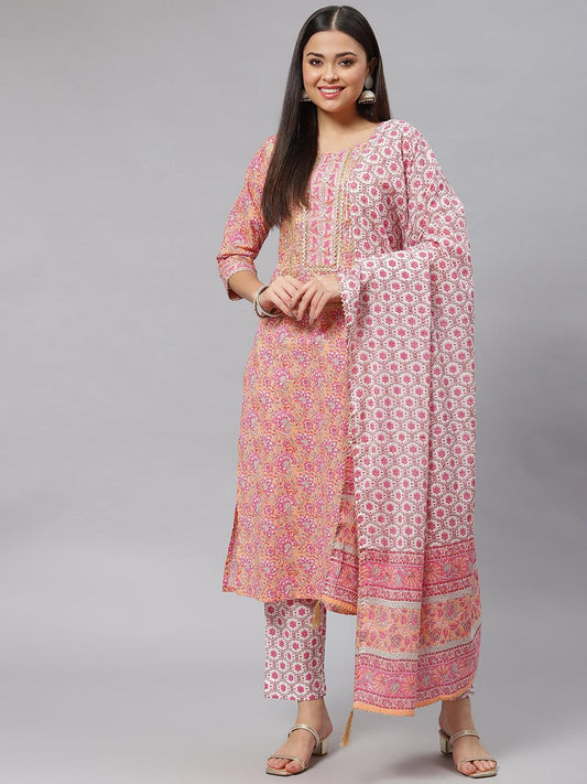 Pink Cotton Kurta Pant Set With Dupatta | LASVINI - Redefining Indian Fashion with Elegance