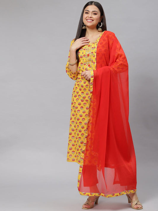 Yellow Floral Cotton Kurta Pant Set With Dupatta | LASVINI - Redefining Indian Fashion with Elegance