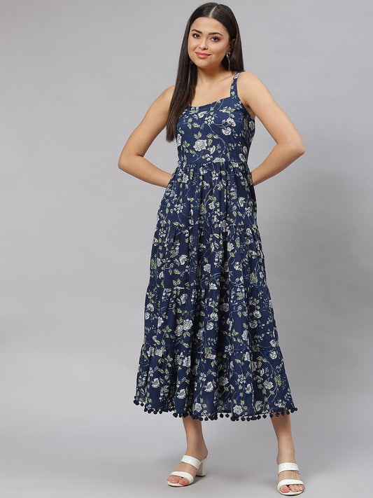 Blue Floral Shoulder Strip Long Dress | LASVINI - Redefining Indian Fashion with Elegance
