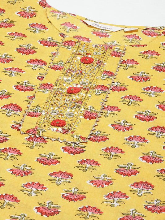 Yellow Floral Cotton Kurta Pant Set With Dupatta | LASVINI - Redefining Indian Fashion with Elegance