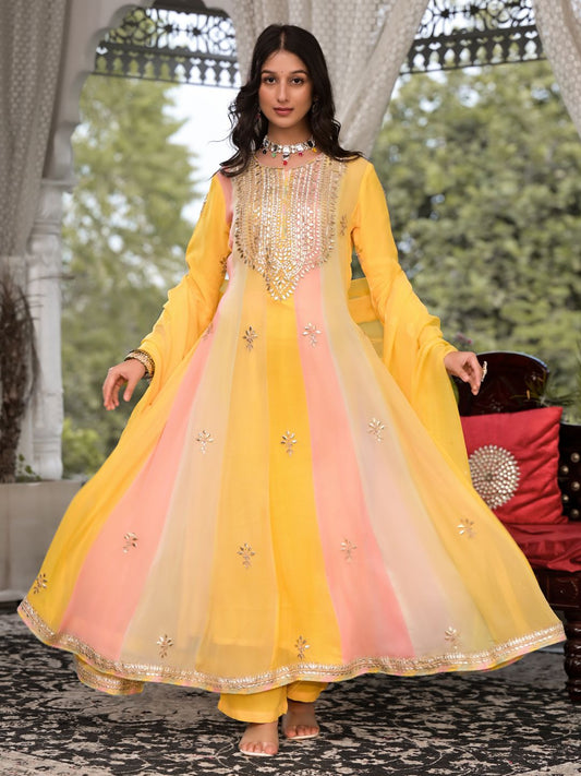 Yellow Gota Patti Embroidered Banarsi Georgette Kurta Set With Organza Dupatta | LASVINI - Redefining Indian Fashion with Elegance