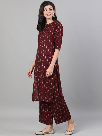 Women Wine Three-Quarter Sleeves Printed Kurta-Palazzo With Pockets And Face Mask | LASVINI - Redefining Indian Fashion with Elegance