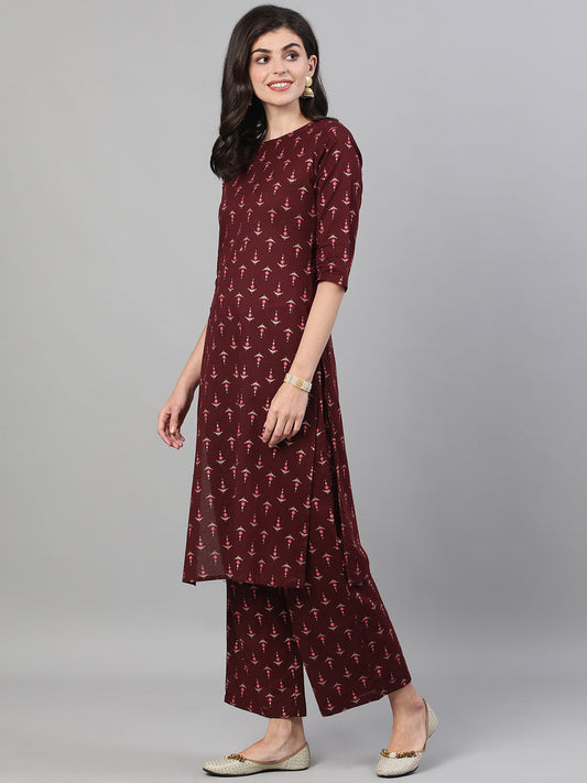 Women Wine Three-Quarter Sleeves Printed Kurta-Palazzo With Pockets And Face Mask | LASVINI - Redefining Indian Fashion with Elegance