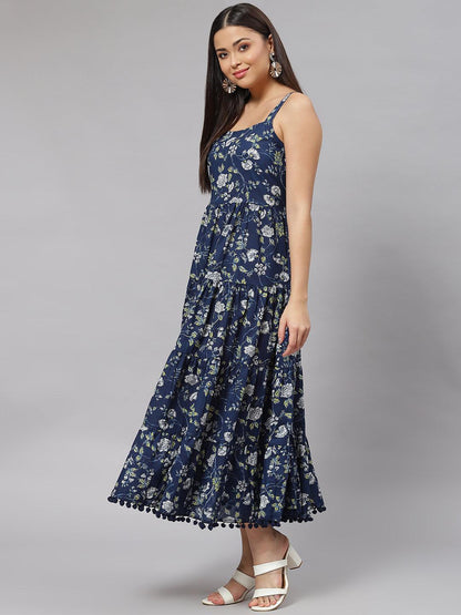 Blue Floral Shoulder Strip Long Dress | LASVINI - Redefining Indian Fashion with Elegance
