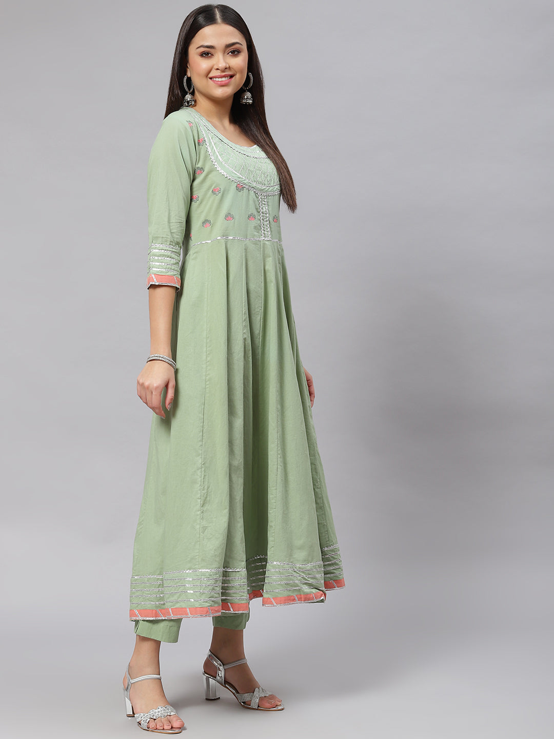 Women Solid Green Anarkali Kurta Pant Set With Kota Doria Dupatta | LASVINI - Redefining Indian Fashion with Elegance