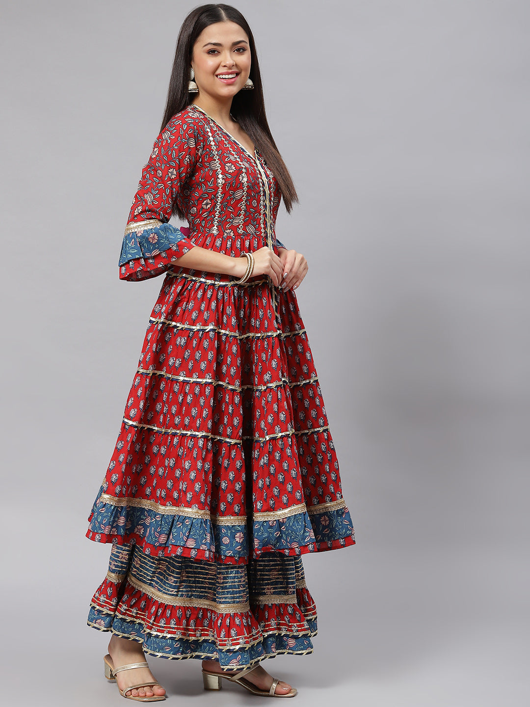 Women Maroon & Blue Anarkali Kurta Sharara Set With Dupatta | LASVINI - Redefining Indian Fashion with Elegance