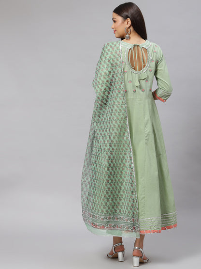 Women Solid Green Anarkali Kurta Pant Set With Kota Doria Dupatta | LASVINI - Redefining Indian Fashion with Elegance