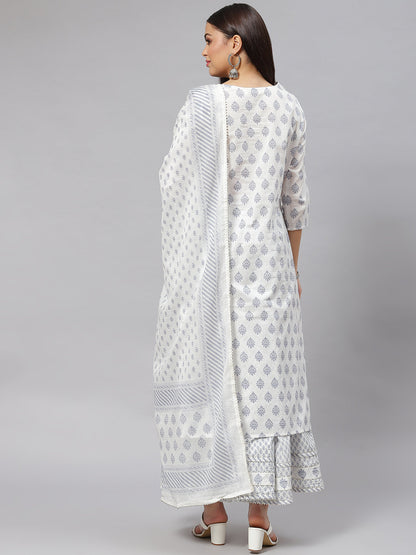 Women White Floral Straight Kurta Palazoo Set With Dupatta | LASVINI - Redefining Indian Fashion with Elegance