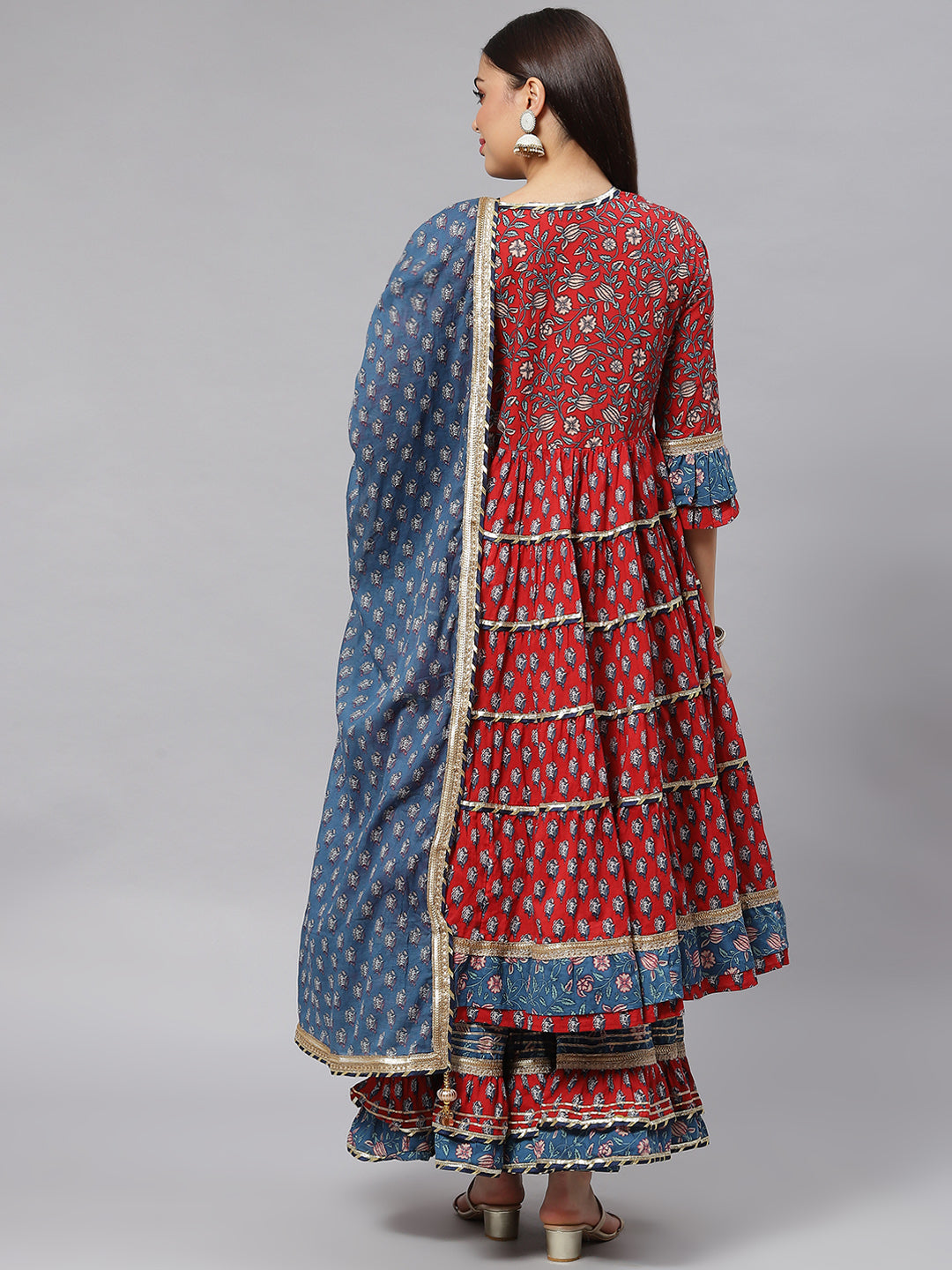 Women Maroon & Blue Anarkali Kurta Sharara Set With Dupatta | LASVINI - Redefining Indian Fashion with Elegance