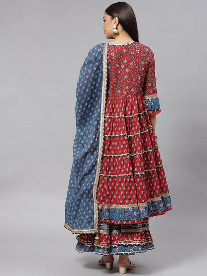 Women Maroon & Blue Anarkali Kurta Sharara Set With Dupatta | LASVINI - Redefining Indian Fashion with Elegance