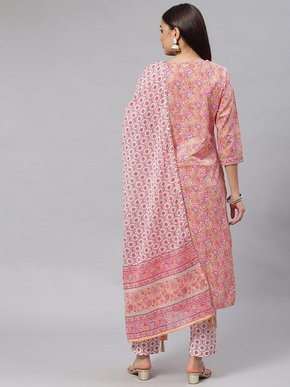 Pink Cotton Kurta Pant Set With Dupatta | LASVINI - Redefining Indian Fashion with Elegance