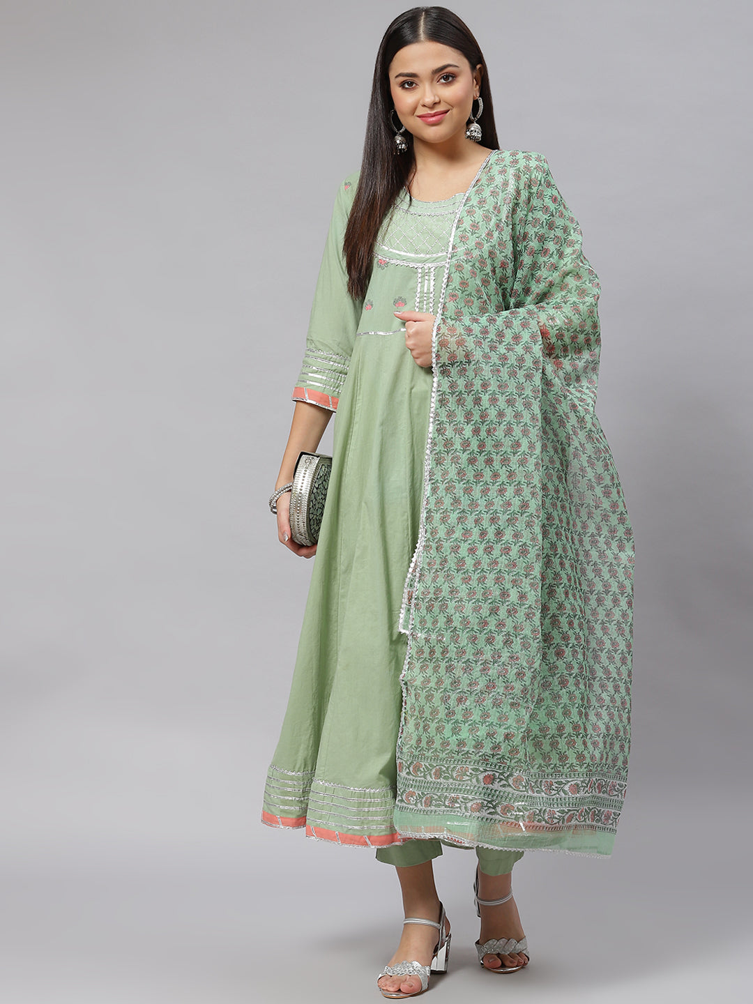 Women Solid Green Anarkali Kurta Pant Set With Kota Doria Dupatta | LASVINI - Redefining Indian Fashion with Elegance