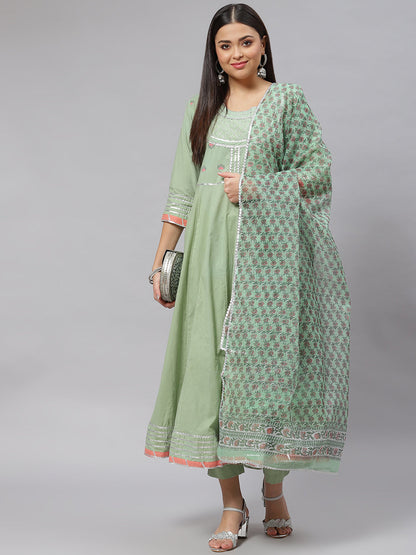 Women Solid Green Anarkali Kurta Pant Set With Kota Doria Dupatta | LASVINI - Redefining Indian Fashion with Elegance