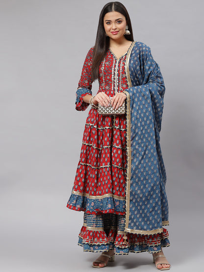 Women Maroon & Blue Anarkali Kurta Sharara Set With Dupatta | LASVINI - Redefining Indian Fashion with Elegance