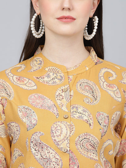Mustard Yellow Print Mandarin Collar Roll-Up Sleeves Shirt Style Top | LASVINI - Redefining Indian Fashion with Elegance