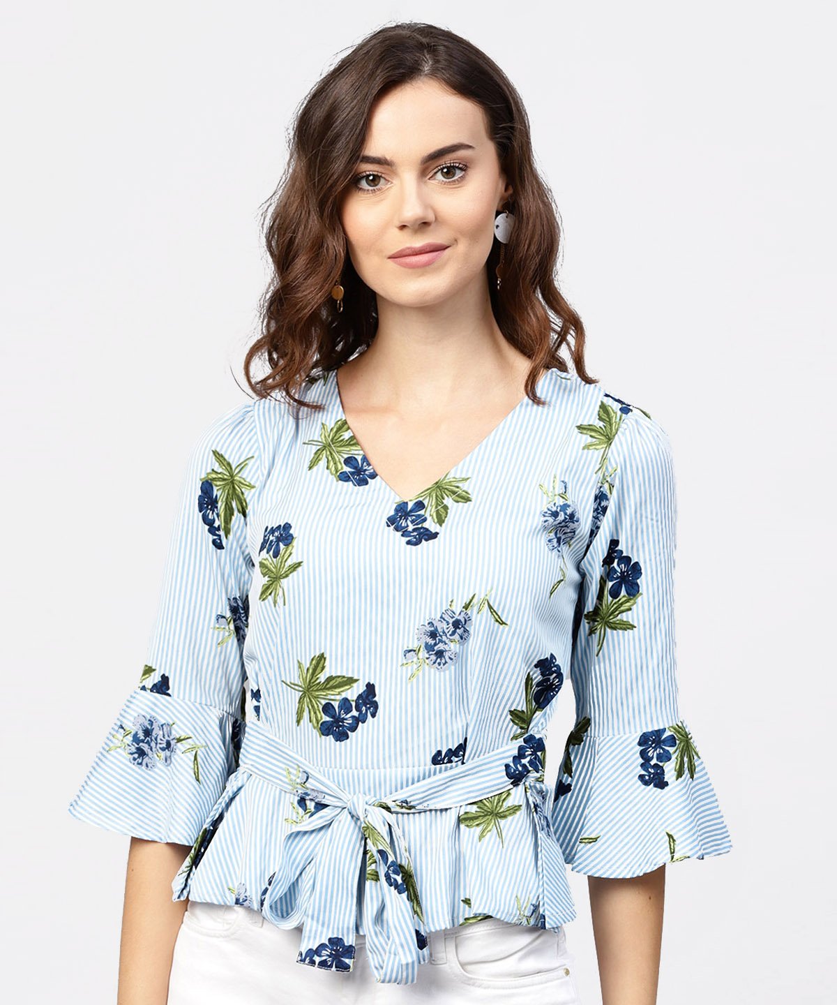 Blue Striped 3/4Th Sleeve Crepe Peplum Style Top With Attached Belt | LASVINI - Redefining Indian Fashion with Elegance