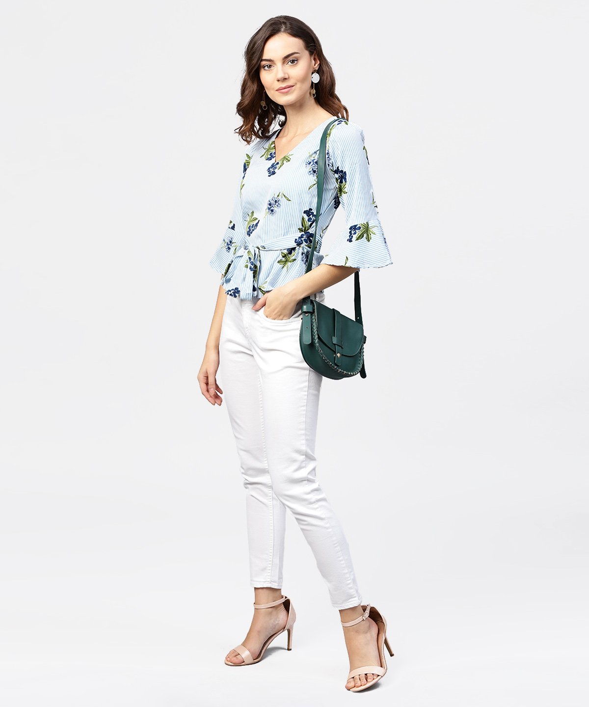 Blue Striped 3/4Th Sleeve Crepe Peplum Style Top With Attached Belt | LASVINI - Redefining Indian Fashion with Elegance