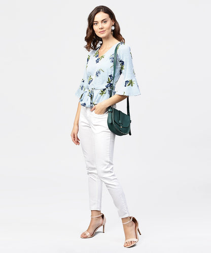 Blue Striped 3/4Th Sleeve Crepe Peplum Style Top With Attached Belt | LASVINI - Redefining Indian Fashion with Elegance