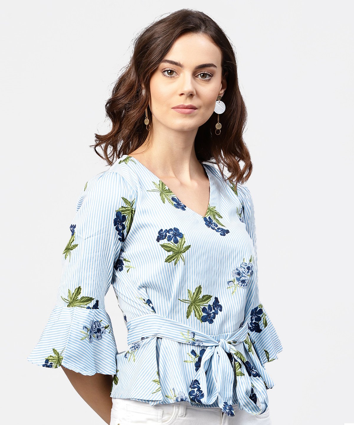 Blue Striped 3/4Th Sleeve Crepe Peplum Style Top With Attached Belt | LASVINI - Redefining Indian Fashion with Elegance