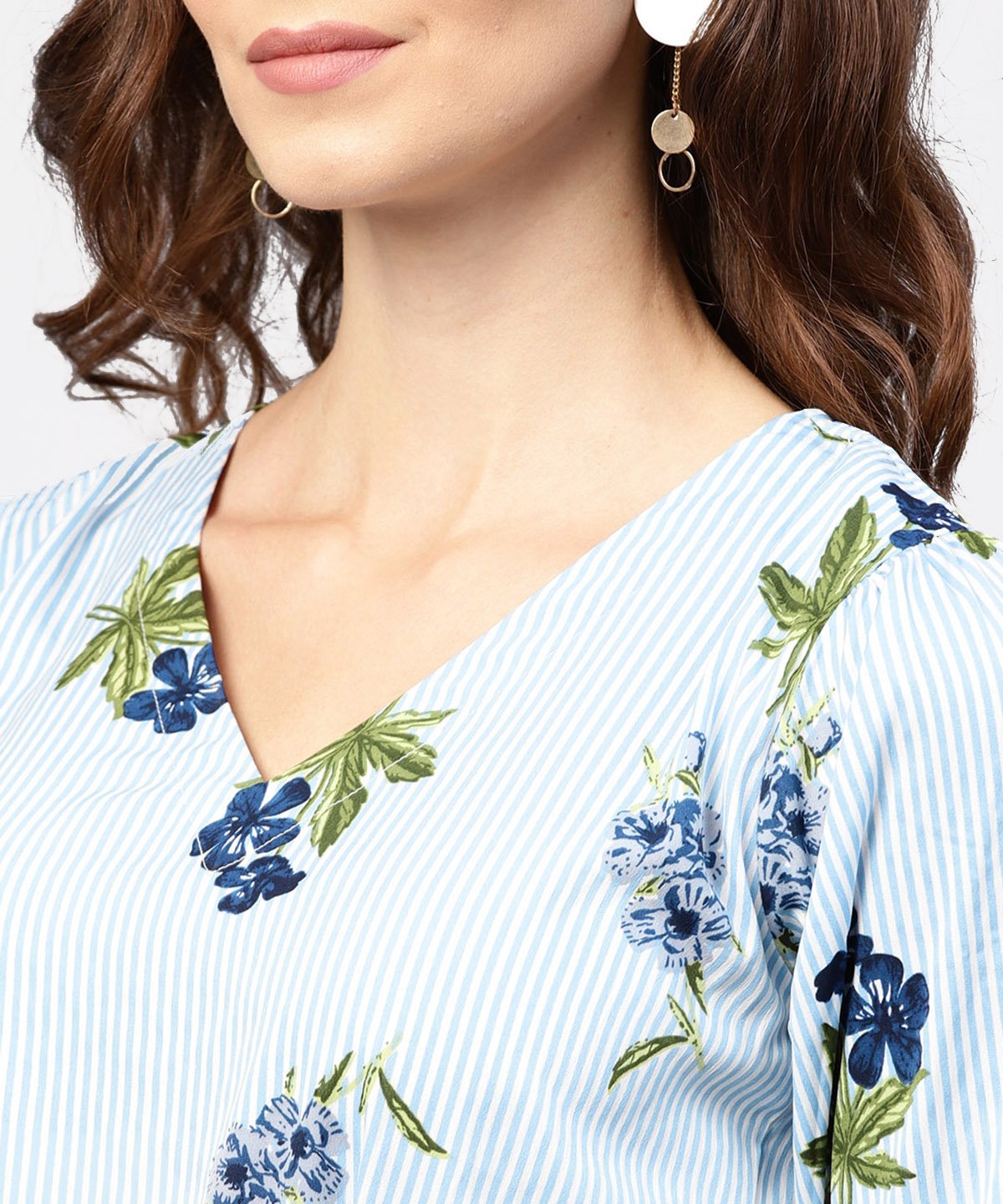 Blue Striped 3/4Th Sleeve Crepe Peplum Style Top With Attached Belt | LASVINI - Redefining Indian Fashion with Elegance