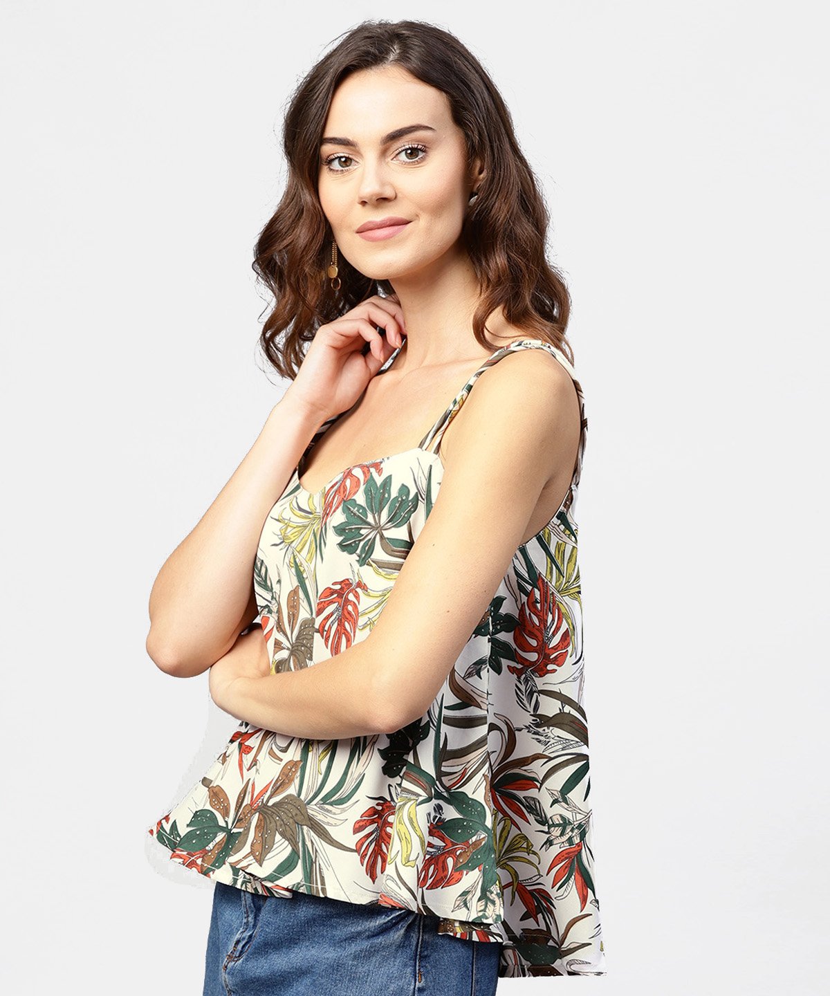 Off White Printed Shoulder Straps Crepe Top | LASVINI - Redefining Indian Fashion with Elegance