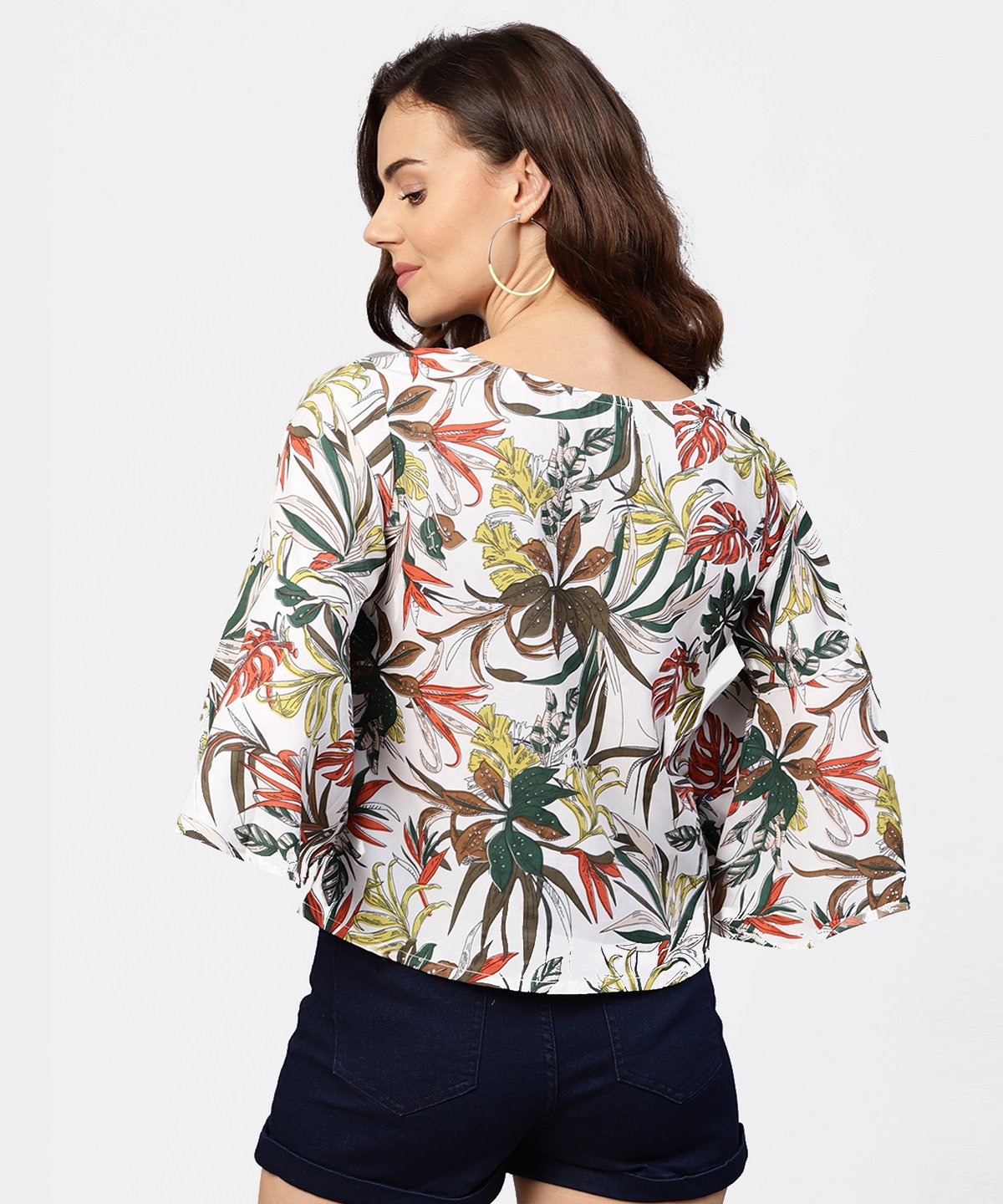 Off White Printed 3/4Th Flared Sleeve Crepe Top | LASVINI - Redefining Indian Fashion with Elegance