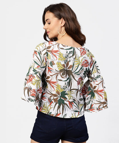 Off White Printed 3/4Th Flared Sleeve Crepe Top | LASVINI - Redefining Indian Fashion with Elegance