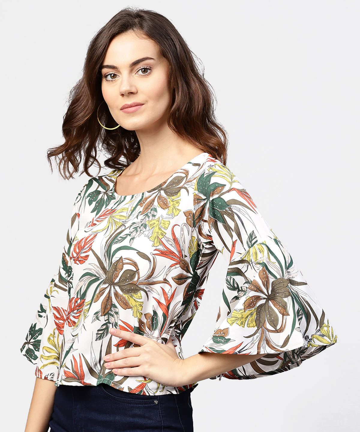 Off White Printed 3/4Th Flared Sleeve Crepe Top | LASVINI - Redefining Indian Fashion with Elegance