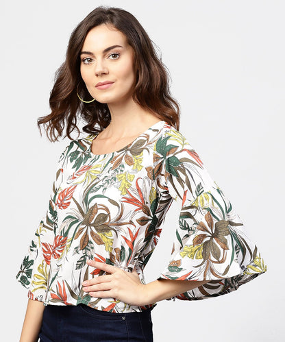 Off White Printed 3/4Th Flared Sleeve Crepe Top | LASVINI - Redefining Indian Fashion with Elegance