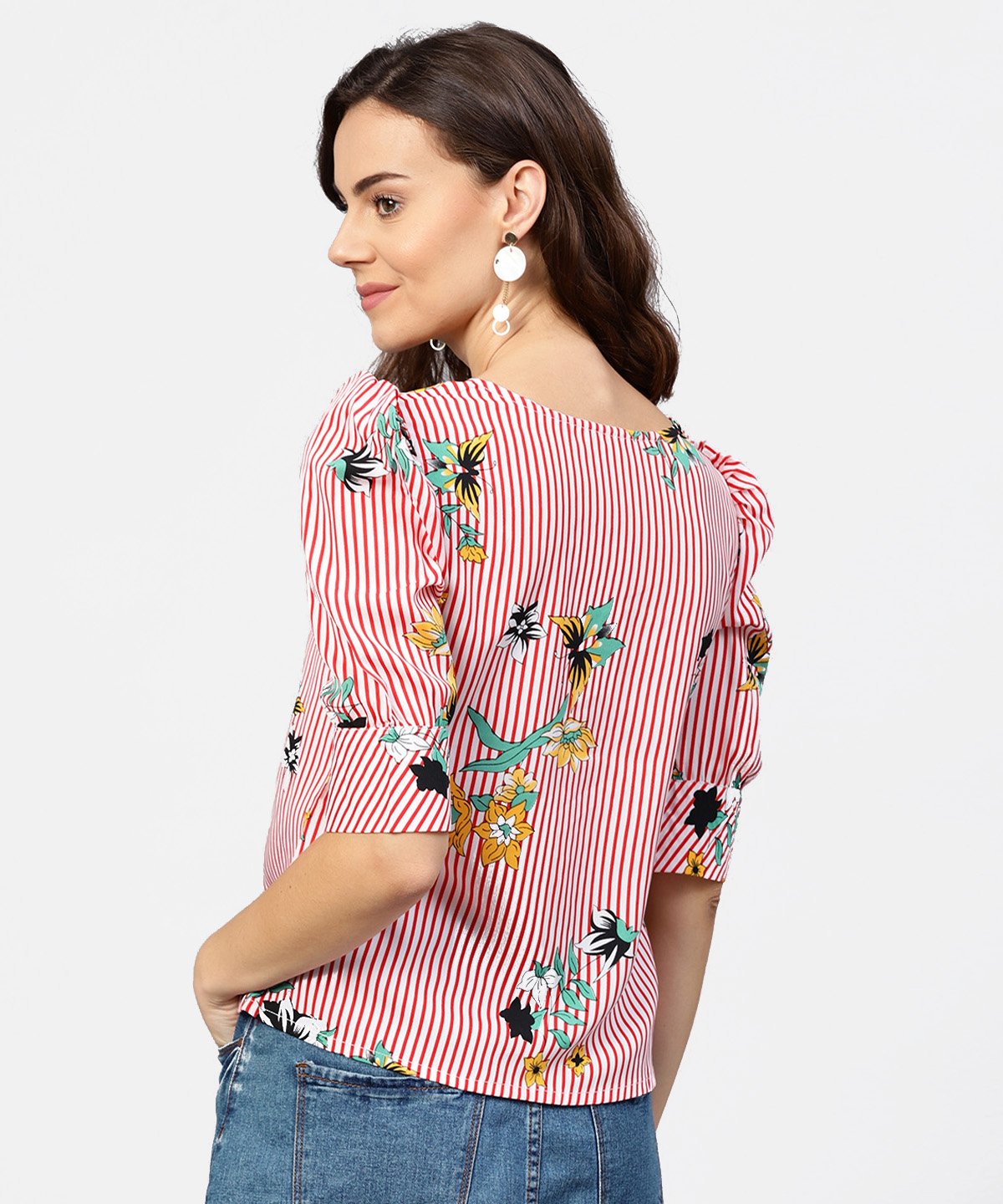 Pink Striped Half Cuff Style Sleeve Crepe Top | LASVINI - Redefining Indian Fashion with Elegance